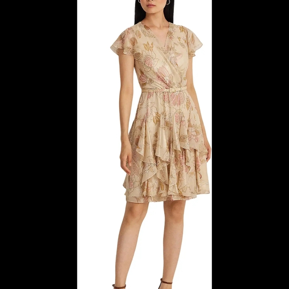Lauren Ralph LaurenFloral Metallic Chiffon Cocktail Dress
